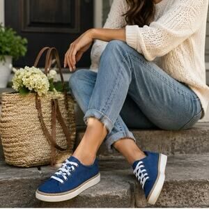 Vionic Blue Canvas Lace Up Women’s Sz 8 Sneakers Espadrille Trim Comfort Shoes
